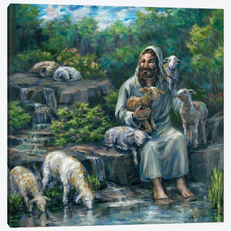 Jesus With Lambs By Waterfall Canvas Print #PYE173} by Melani Pyke Canvas Art Print