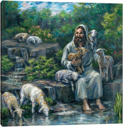 Jesus With Lambs By Waterfall Canvas Art Print - Waterfall Art