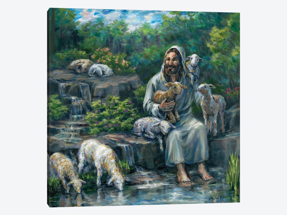 Jesus With Lambs By Waterfall by Melani Pyke 1-piece Canvas Art Print