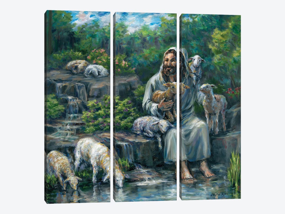 Jesus With Lambs By Waterfall by Melani Pyke 3-piece Canvas Art Print