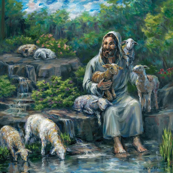 Melani Pyke: Jesus With Lambs By Waterfall by Melani Pyke