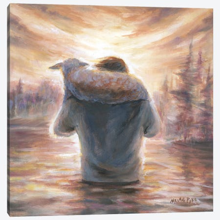 Jesus As Shepherd Carrying Lamb On Shoulders Through Water Canvas Print #PYE29} by Melani Pyke Canvas Art Print