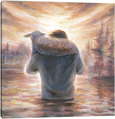 Jesus As Shepherd Carrying Lamb On Shoulders Through Water Canvas Art Print - Sheep Art