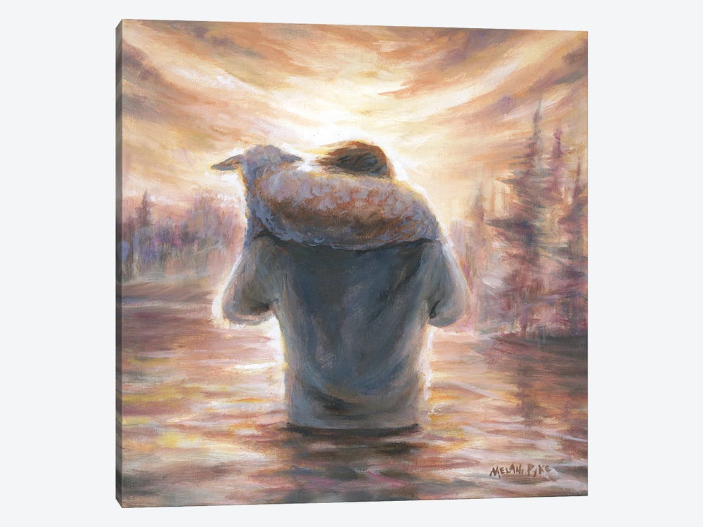 Jesus As Shepherd Carrying Lamb On Shoulders Through Water by Melani Pyke 1-piece Canvas Wall Art