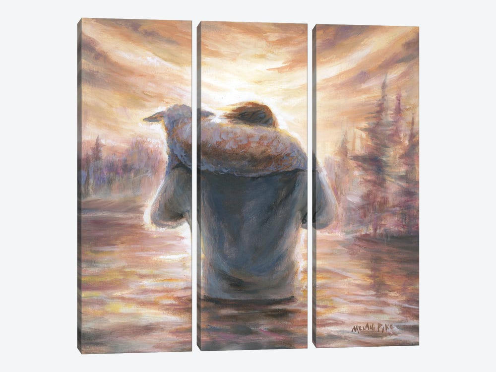 Jesus As Shepherd Carrying Lamb On Shoulders Through Water by Melani Pyke 3-piece Canvas Artwork