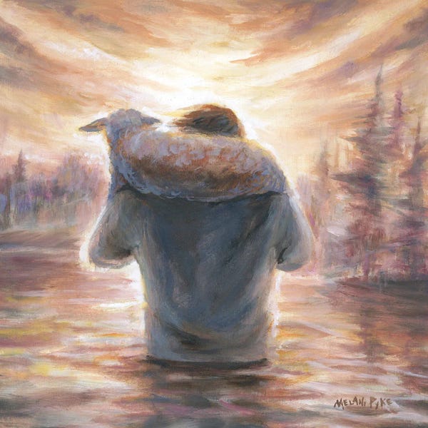 Large Scenic & Landscape Art - Canvas Prints: Jesus As Shepherd Carrying Lamb On Shoulders Through Water by Melani Pyke