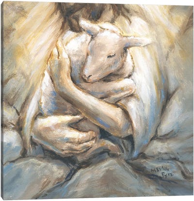 Jesus Embracing Lamb In Rocks Canvas Art Print - Sheep Art