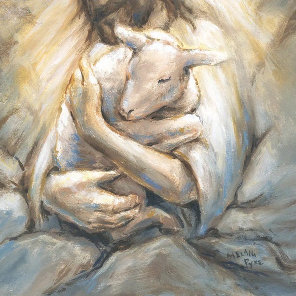 Sheep: Jesus Embracing Lamb In Rocks by Melani Pyke