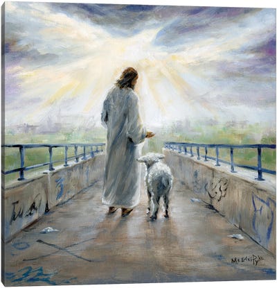 Jesus With Lamb On Graffiti Bridge Canvas Art Print - Jesus Christ