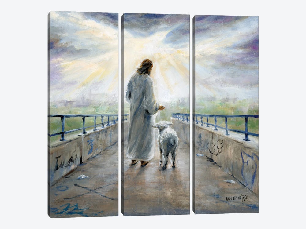 Jesus With Lamb On Graffiti Bridge by Melani Pyke 3-piece Canvas Print