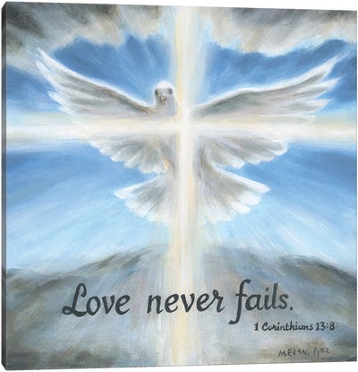 Love Never Fails - Dove With Cross Of Light Canvas Art Print - Bible Verse Art