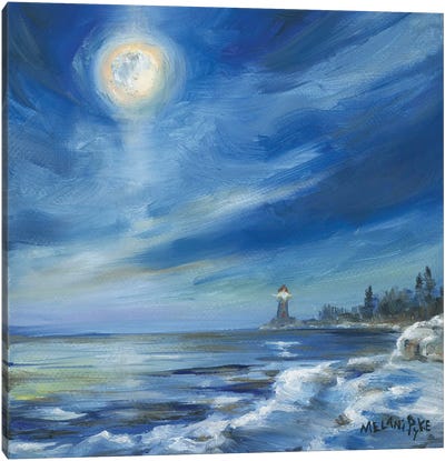 Moonset Over The Lighthouse Canvas Art Print - Melani Pyke