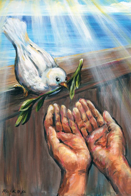 Noah's Hands Receiving Dove With Olive Branch