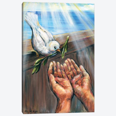 Noah's Hands Receiving Dove With Olive Branch Canvas Print #PYE48} by Melani Pyke Art Print