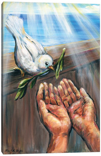 Noah's Hands Receiving Dove With Olive Branch Canvas Art Print - Hands