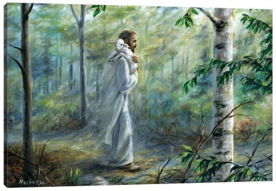 Saved (Jesus Walking In Forest With Lamb Over Shoulder) Canvas Art Print - Forest Art