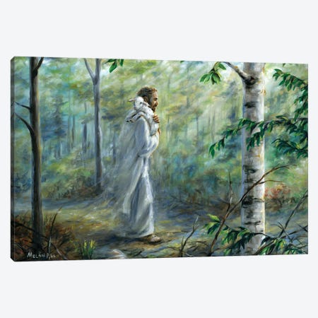 Saved (Jesus Walking In Forest With Lamb Over Shoulder) Canvas Print #PYE51} by Melani Pyke Canvas Art