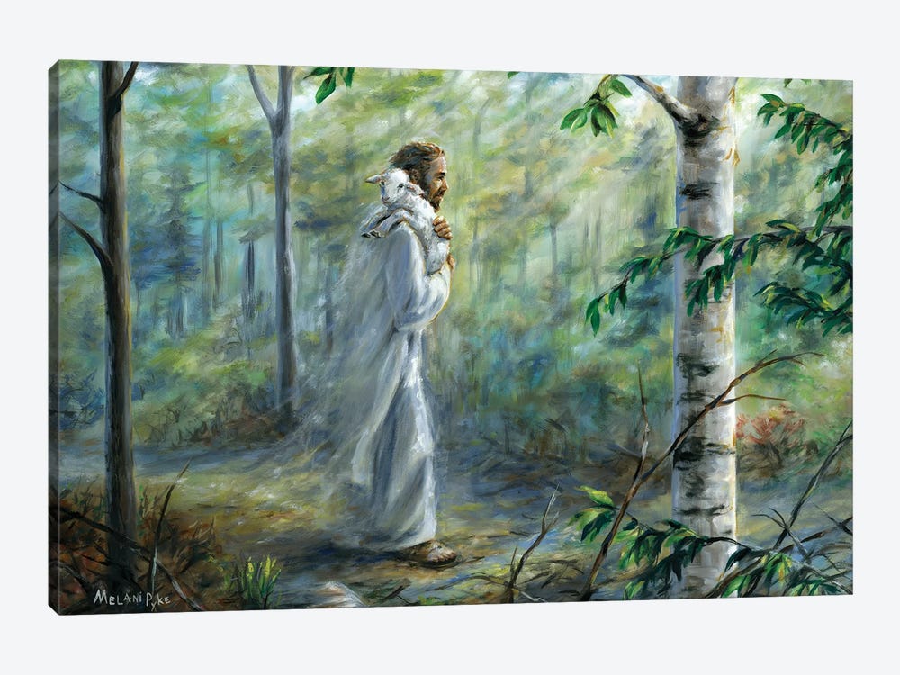 Saved (Jesus Walking In Forest With Lamb Over Shoulder) by Melani Pyke 1-piece Art Print