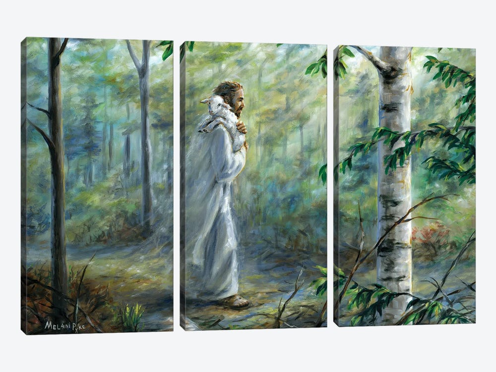 Saved (Jesus Walking In Forest With Lamb Over Shoulder) by Melani Pyke 3-piece Canvas Print
