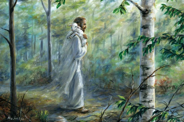 Forests: Saved (Jesus Walking In Forest With Lamb Over Shoulder) by Melani Pyke