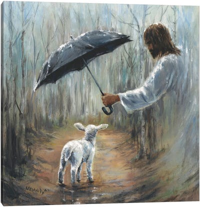 Umbrella Over Lamb On Difficult Path Canvas Art Print - Rain Inspired
