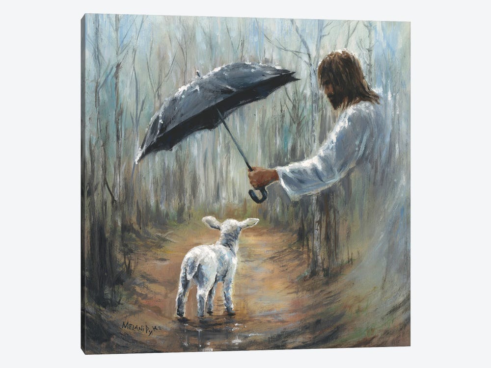 Umbrella Over Lamb On Difficult Path by Melani Pyke 1-piece Canvas Art Print
