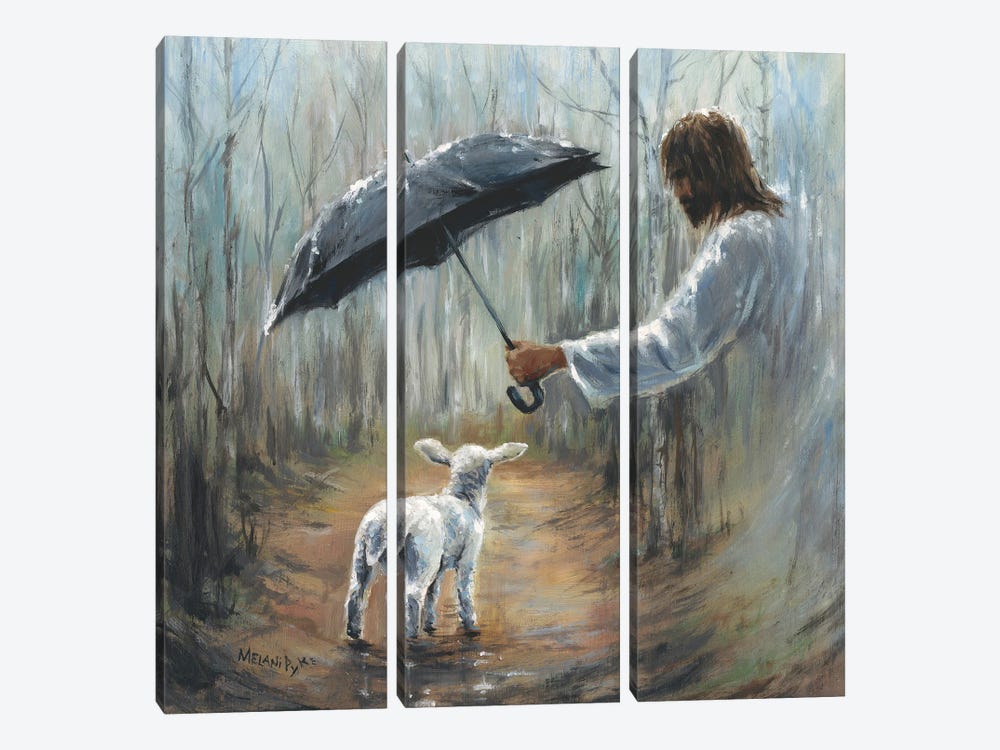 Umbrella Over Lamb On Difficult Path by Melani Pyke 3-piece Canvas Art Print