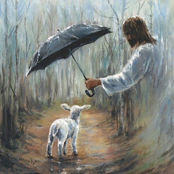 Melani Pyke: Umbrella Over Lamb On Difficult Path by Melani Pyke