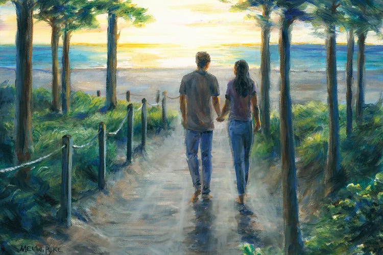 Couple On Beach Path At Sunset