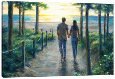 Couple On Beach Path At Sunset Canvas Art Print - Melani Pyke