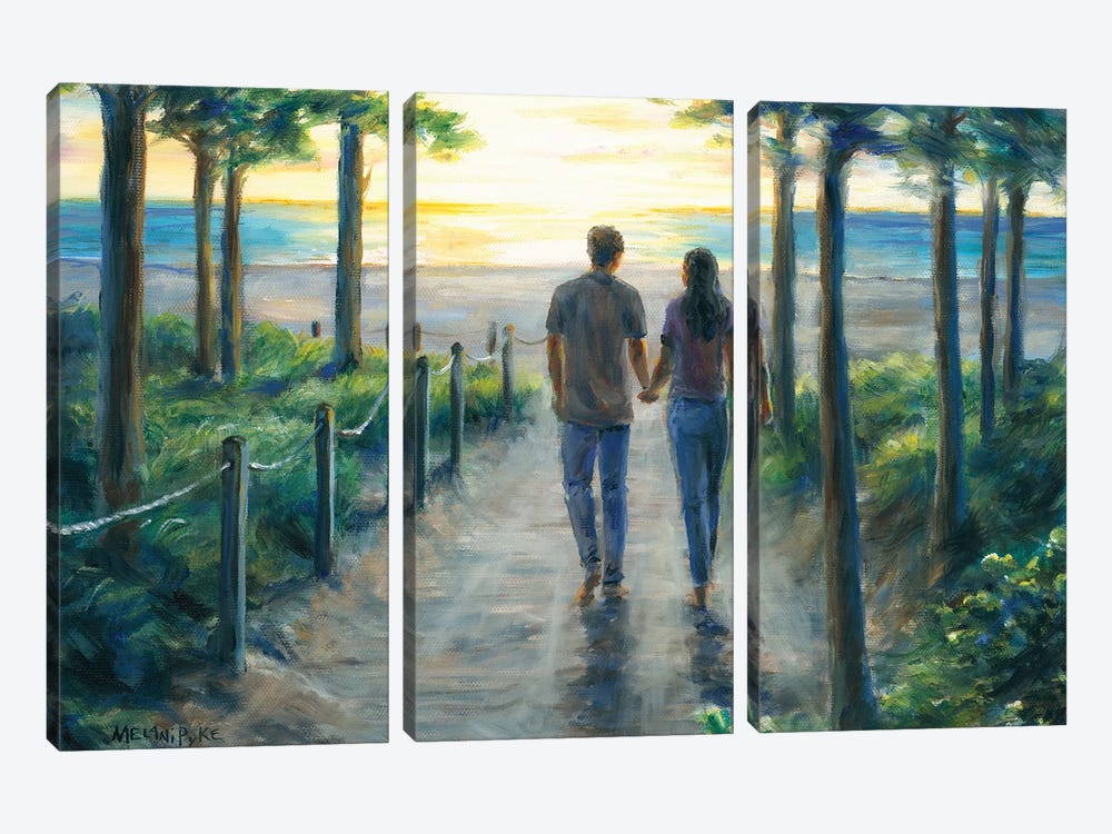 Couple On Beach Path At Sunset by Melani Pyke 3-piece Art Print