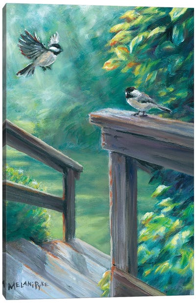 Chickadees Over Steps Canvas Art Print - Melani Pyke