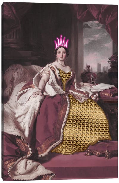 Queen Victoria With Neon Crown Canvas Art Print - Royalty