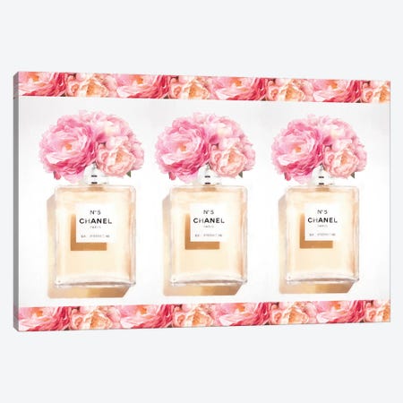 Three Perfume Bottles With Peony And Gold Canvas Print #RAB230} by Ruby and B Canvas Print
