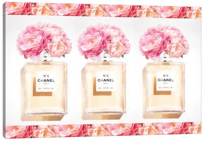 Three Perfume Bottles With Peony And Gold Canvas Art Print - Grace Digital Art Co