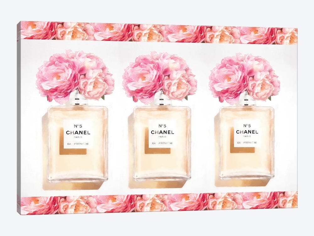 Three Perfume Bottles With Peony And Gold by Grace Digital Art Co 1-piece Canvas Print