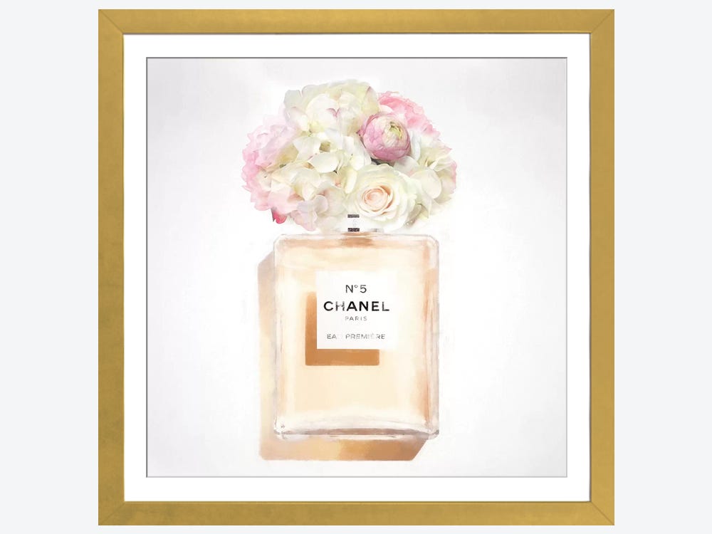 Framed Canvas Art (Champagne) - White Floral Perfume by Grace Digital Art Co ( Fashion > Hair & Beauty > Perfume Bottles art) - 26x26 in