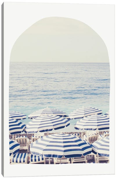 Blue And White Beach Umbrellas - Arch Canvas Art Print - Vintage Styled Photography