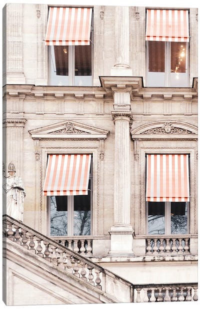 Paris Building With Orange And White Striped Awning Canvas Art Print - Grace Digital Art Co