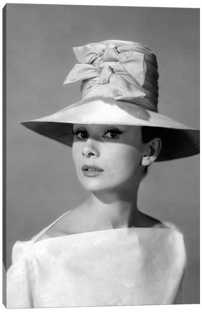 Audrey Hepburn In A Tall Two-Bowed Hat Canvas Art Print - Black & White Pop Culture Art