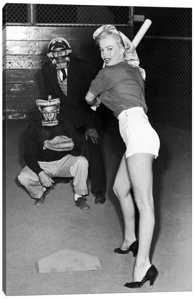 Marilyn Monroe At The Plate In Black Heels Canvas Art Print - Black & White Photography