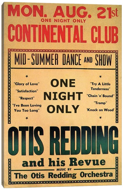 Otis Redding At The Continental Club's Midsummer Dance & Show Handbill, August 1967 Canvas Art Print - Concert Posters