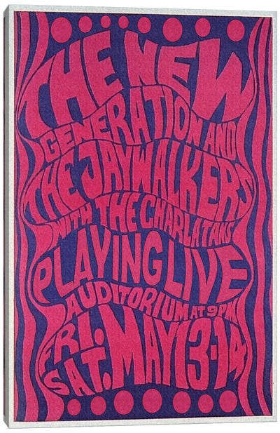 The New Generation, The Jaywalkers & The Charlatans At The Fillmore Auditorium Poster, May 1966 Canvas Art Print - Radio Days