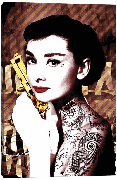 Audrey Hepburn Tatoo Gun Canvas Art Print - Radio Days