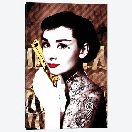 Audrey Hepburn Tatoo Gun Canvas Print #RAD146} by Radio Days Canvas Wall Art