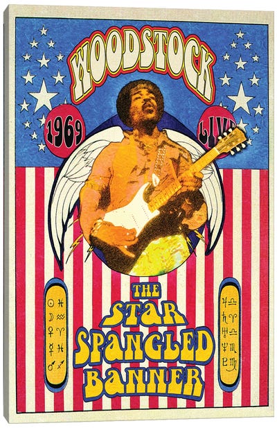 Jimi Hendrix Woodstock Star-Spangled Banner Canvas Art Print - Vintage & Retro Bedroom Art