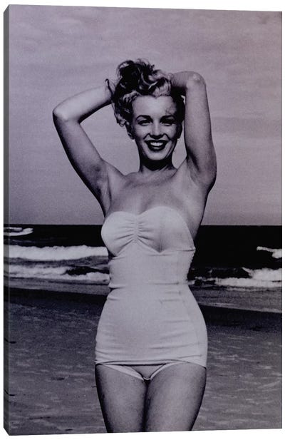 A Young Marilyn Monroe At The Beach Canvas Art Print - Black & White Pop Culture Art