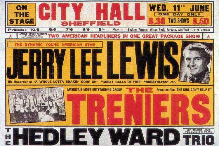 Sheffield City Hall Concert Poster (Jerry Lee Lewis, The Treniers & The Hedley Ward Trio) by Radio Days wall art