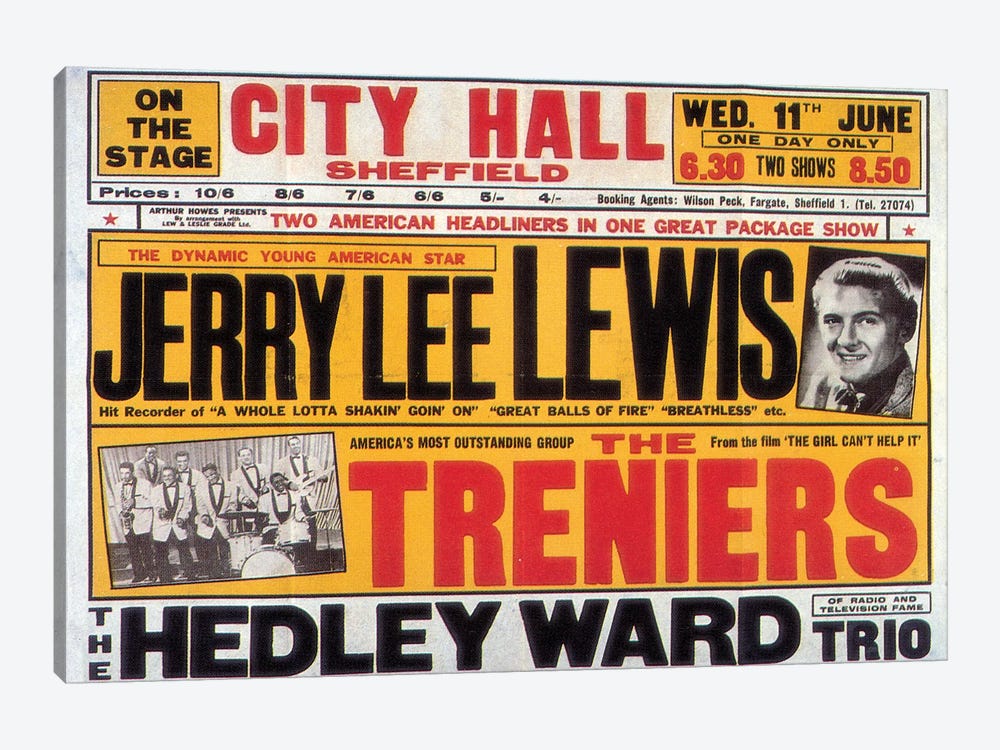 Sheffield City Hall Concert Poster (Jerry Lee Lewis, The Treniers & The Hedley Ward Trio) by Radio Days 1-piece Canvas Art Print
