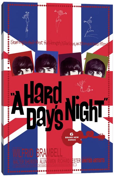 A Hard Day's Night Film Poster (Union Jack Background) Canvas Art Print - Sixties Nostalgia Art